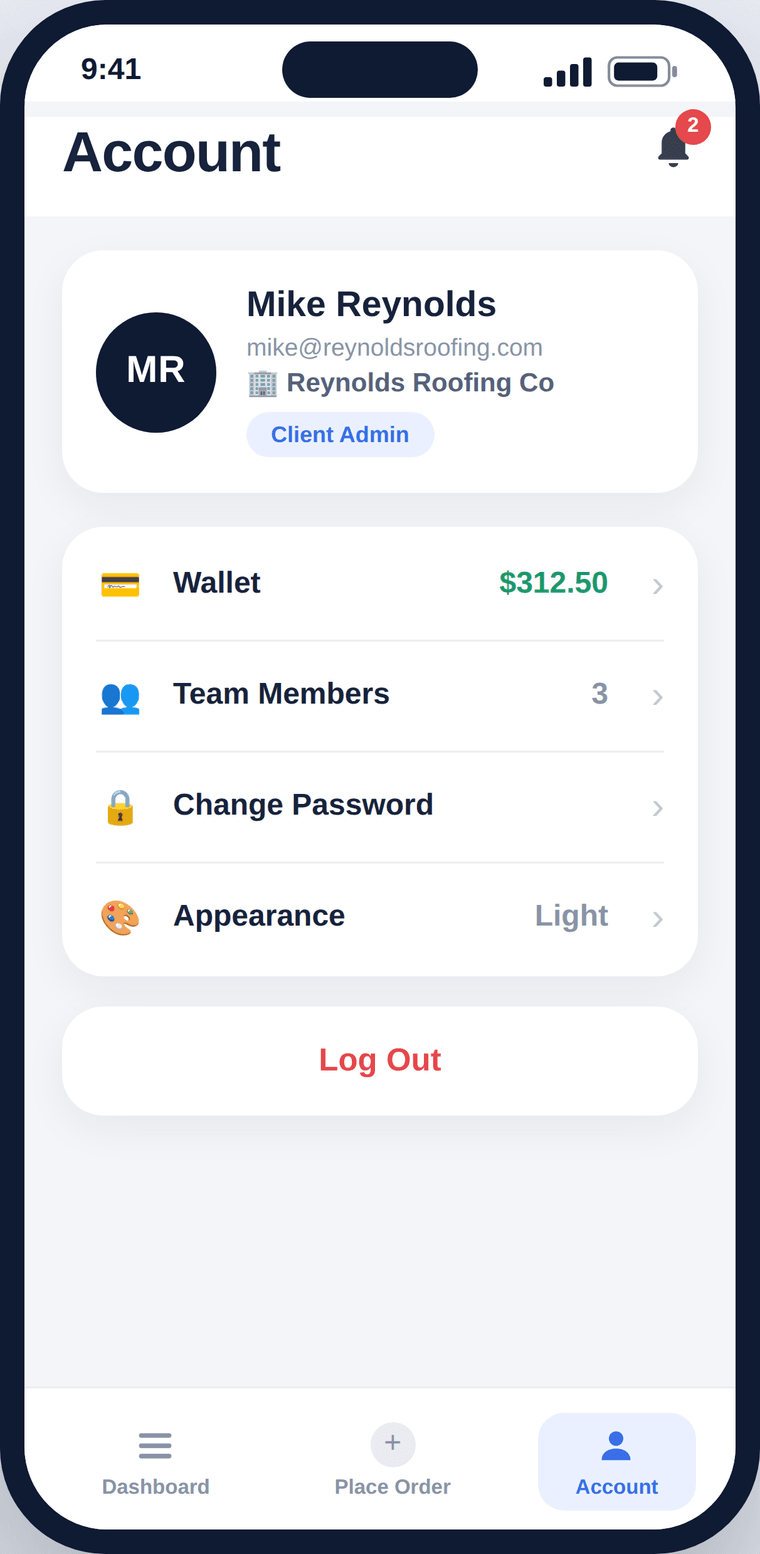 Account screen with wallet, team members and settings