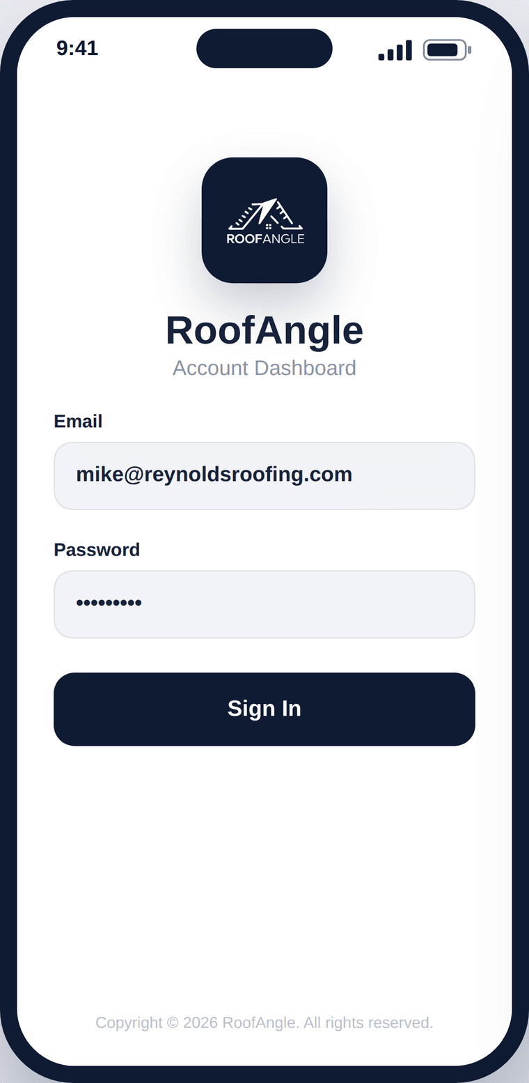 RoofAngle Client sign in screen