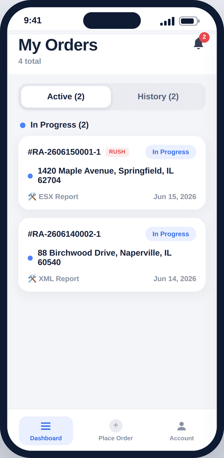 RoofAngle Client app My Orders screen on iPhone