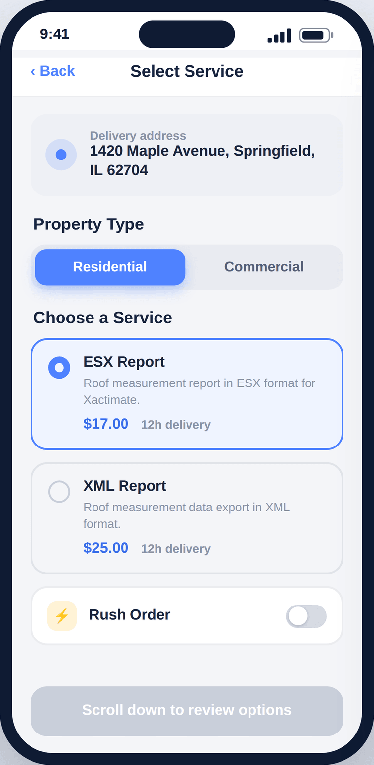 Select a roof report service and property type