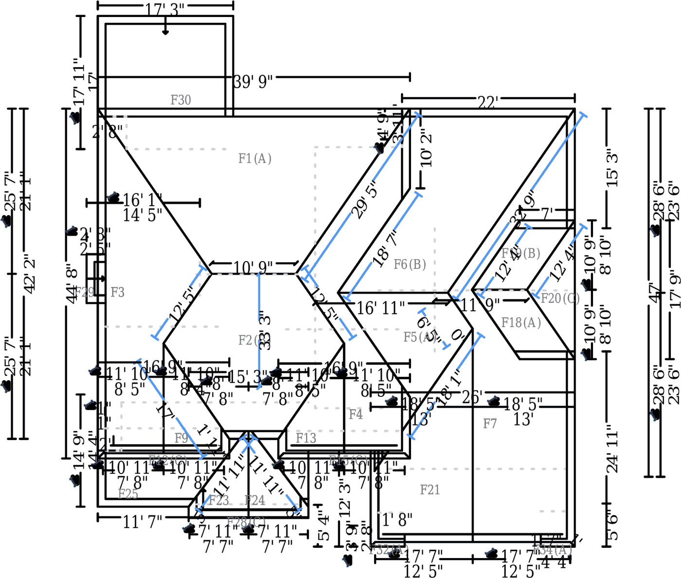 RoofAngle roof diagram: 25 facets measured to 4,525.98 ft², predominant pitch 12/12, ridge 98.02 ft, hip 153.68 ft