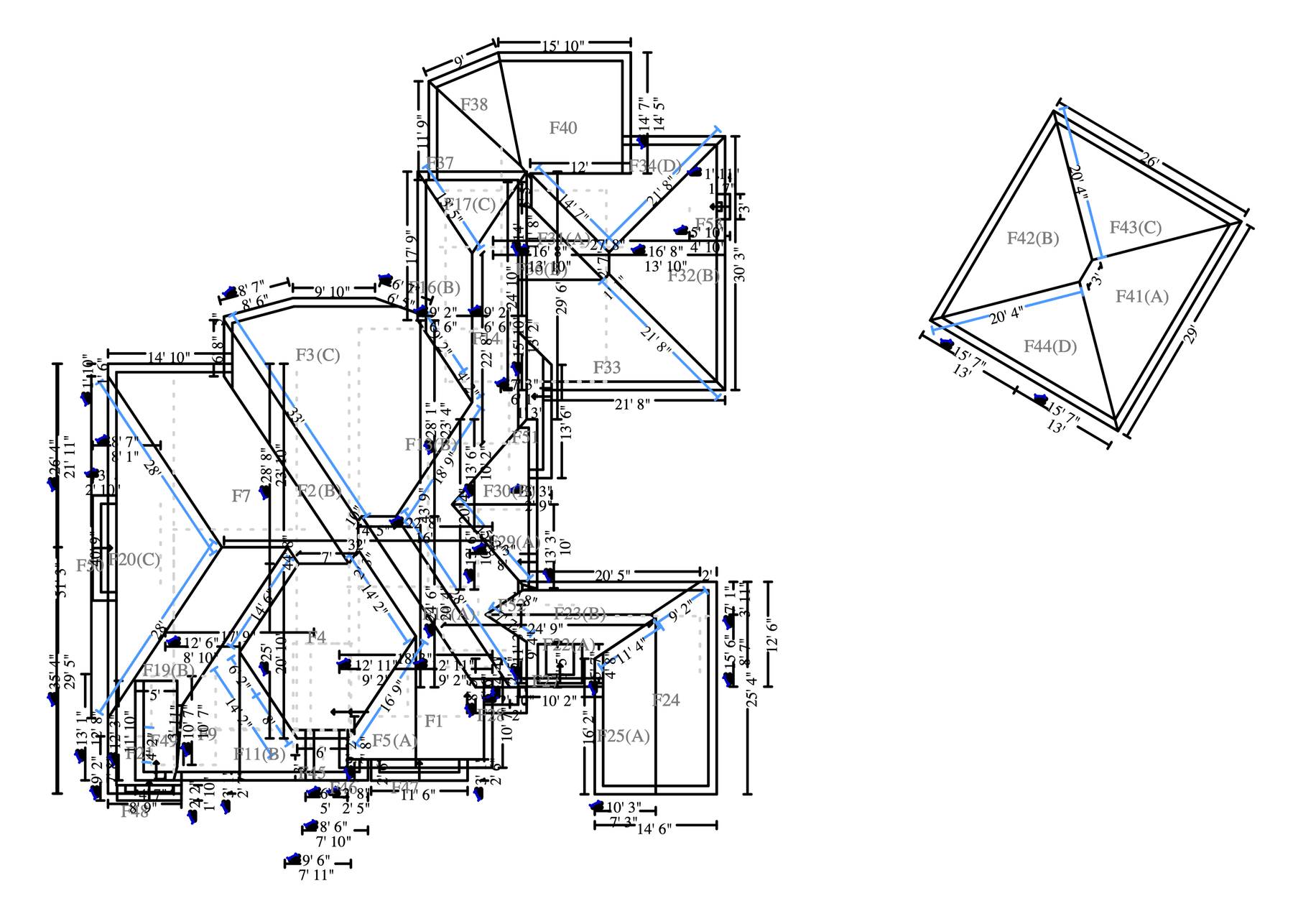 RoofAngle roof diagram of a home with a detached building, both measured in one report