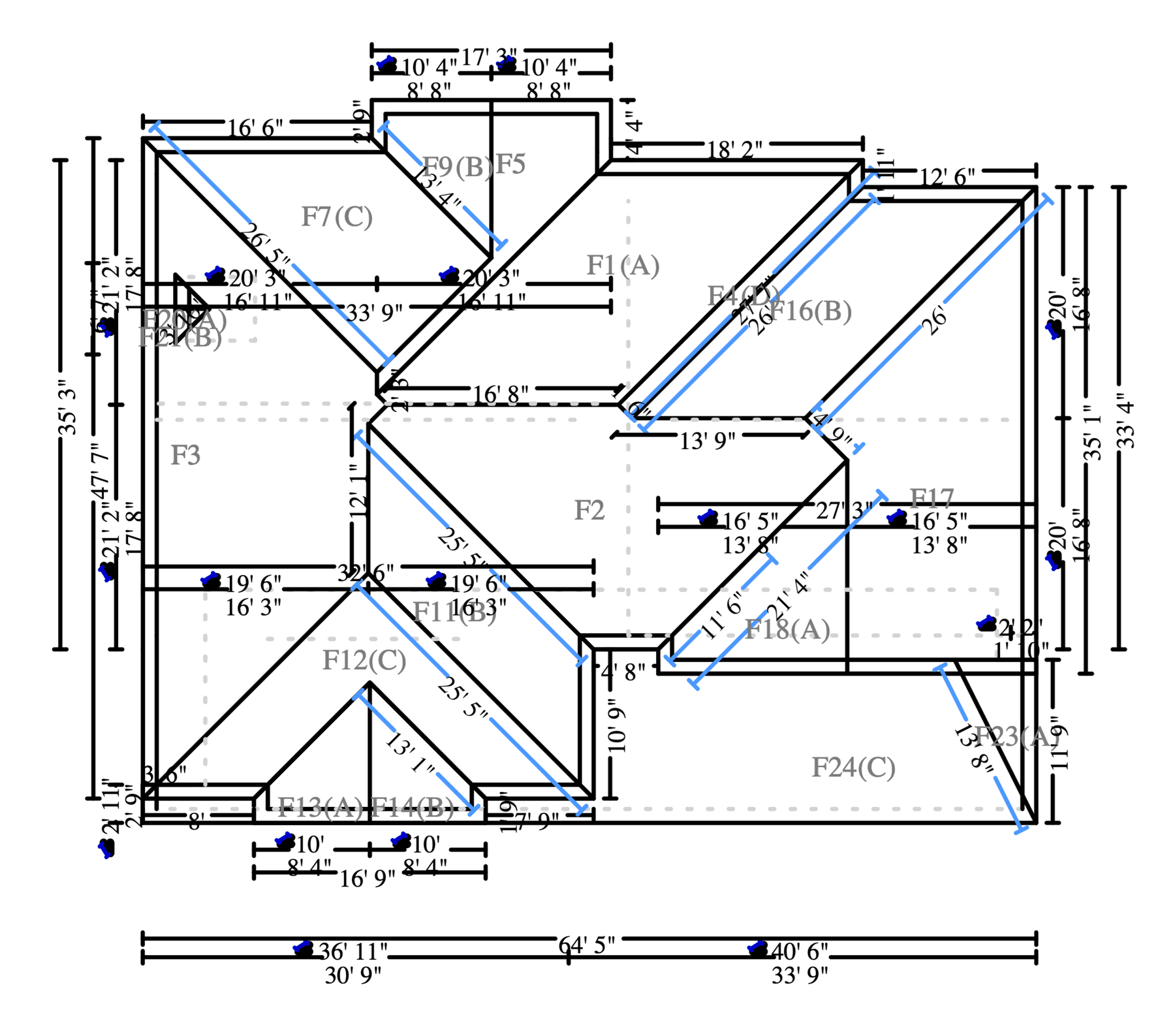 Real RoofAngle roof diagram with facet-level areas, pitch values, and edge measurements