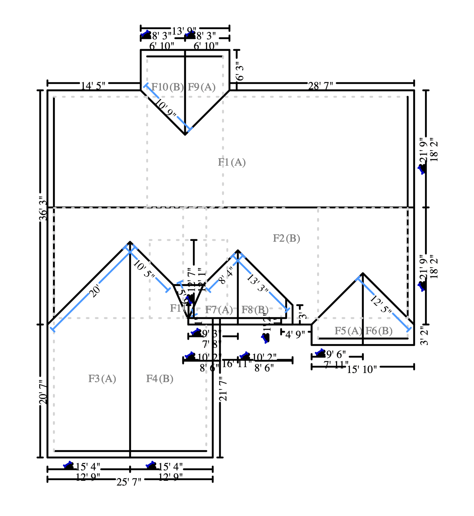 RoofAngle roof diagram of a gable and dormer roof with facet, pitch and edge measurements
